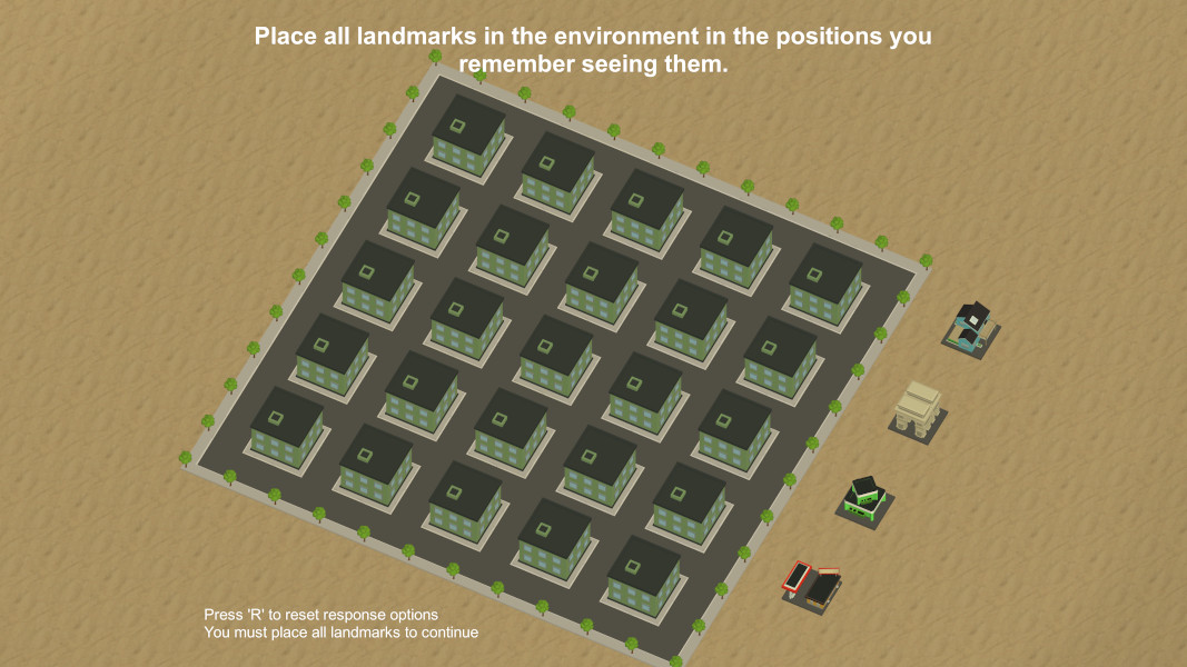 An image depciting the response phase of the cognitive map task, showing a top-down view of the environment with the 4 unique landmarks floating outside the environment. Participants need to drag the unique landmarks to where they think they belong within the environment.
